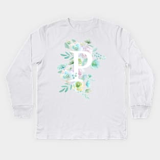 Botanical alphabet P green and purple flowers Kids Long Sleeve T-Shirt